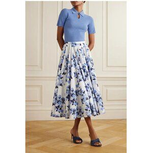 Emilia Wickstead Margaret Wool Polo Top / Medium / Blue Short Sleeve Honeycomb